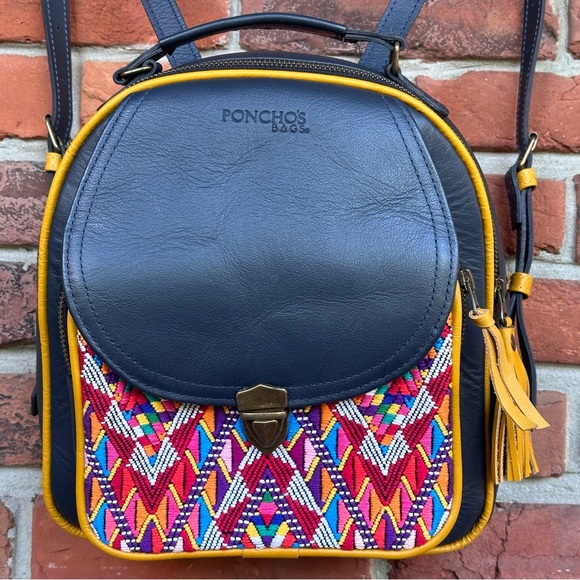 Leather Backpack with huipil woven embroidered fabric handmade in Guatemala New - Picture 1 of 11